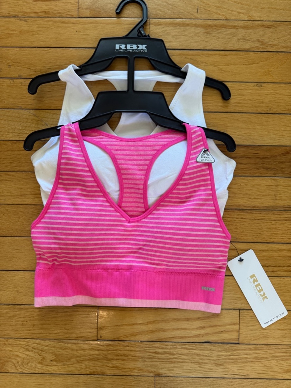 Pink Striped Seamless Racerback Sports Bra - 2-Pack (White & Pink) Size Med RBX